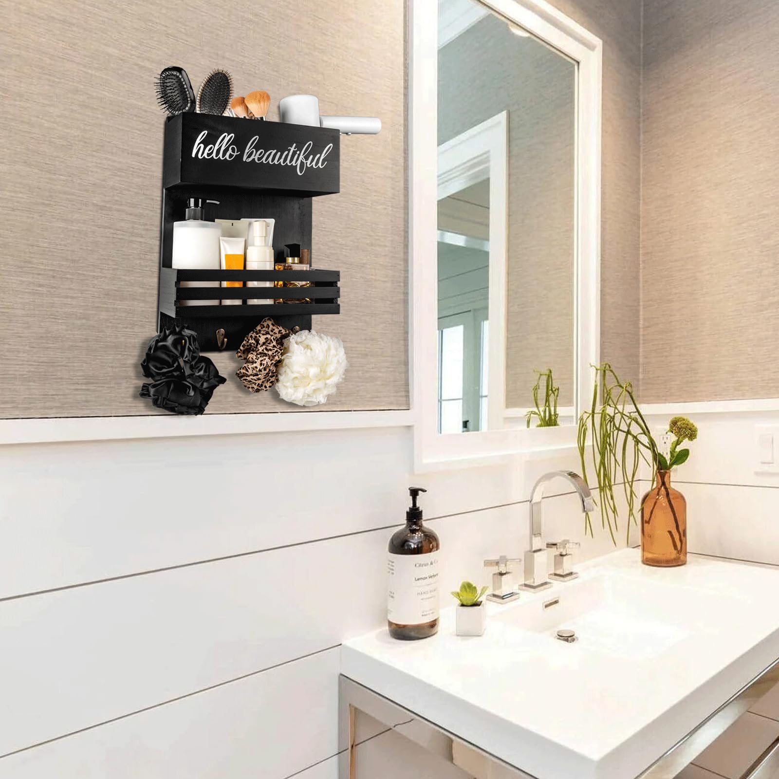 Portasecador de Pelo Madera - Organizador 2 Niveles para Planchas y Cosméticos del Baño,Organizador de Herramientas para el Cabello, Montaje en pared o Mostrador (Negro)