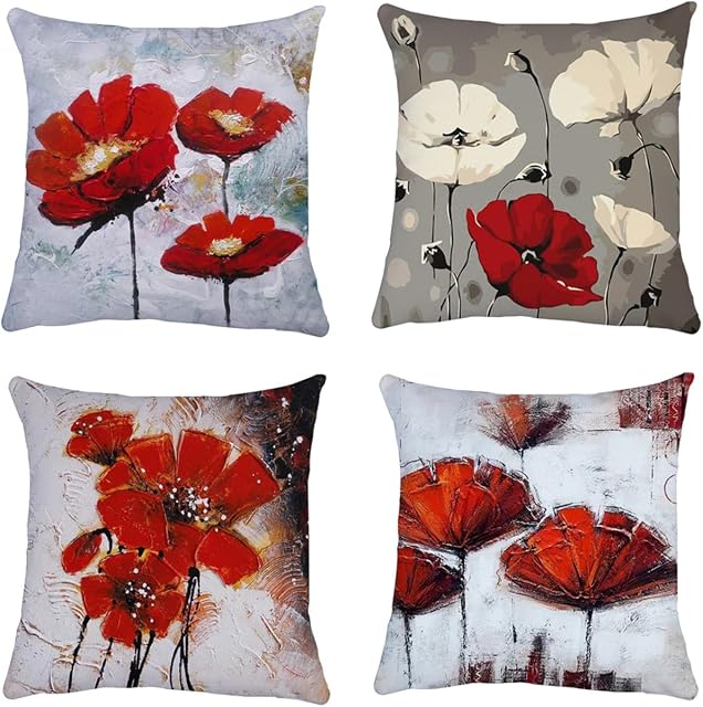 QUALKNOY Red Flower Cushion Covers 45x45cm Set of 4 - Modern Art Decorative Linen Square Throw Pillow Covers 18x18 Inches for Living Room Outdoor Decor Pillowcases