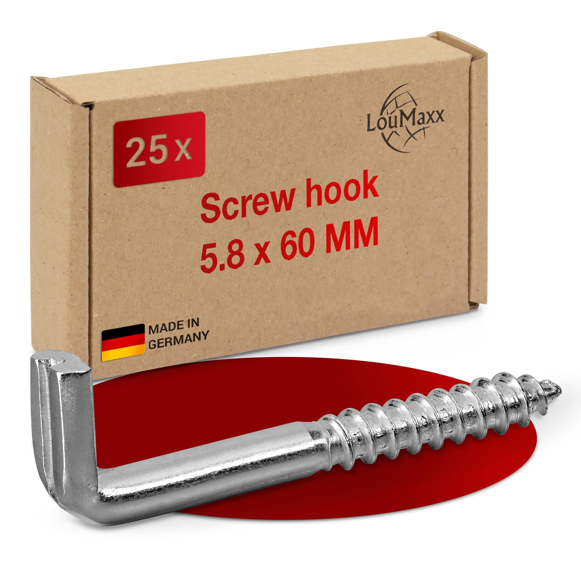LouMaxx Screw Hooks 5.8 x 60 mm Set of 25 Angle Screws Shelf Hooks with Load Capacity up to 50 kg Hooks Galvanised Screws Robust Wall Hooks Screws for Pictures, Shelves & More