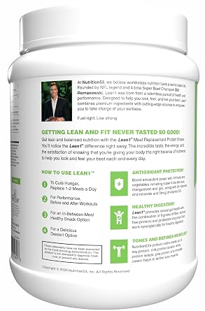 N53 Lean1 Meal Replacement Protein Powder, Vanilla Flavor, 15 Serving tub, No Sugar Added
