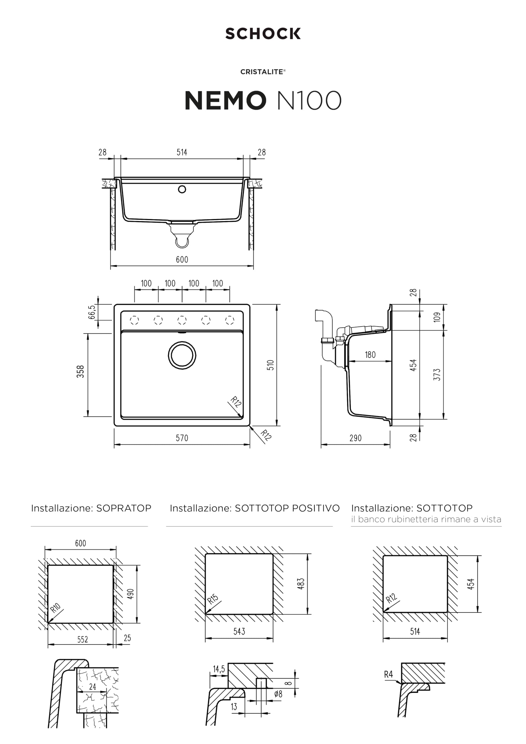 SCHOCK | Lavello Cucina Nemo N100 1 Vasca, Materiale Cristalite®, Antracite, 570x510mm