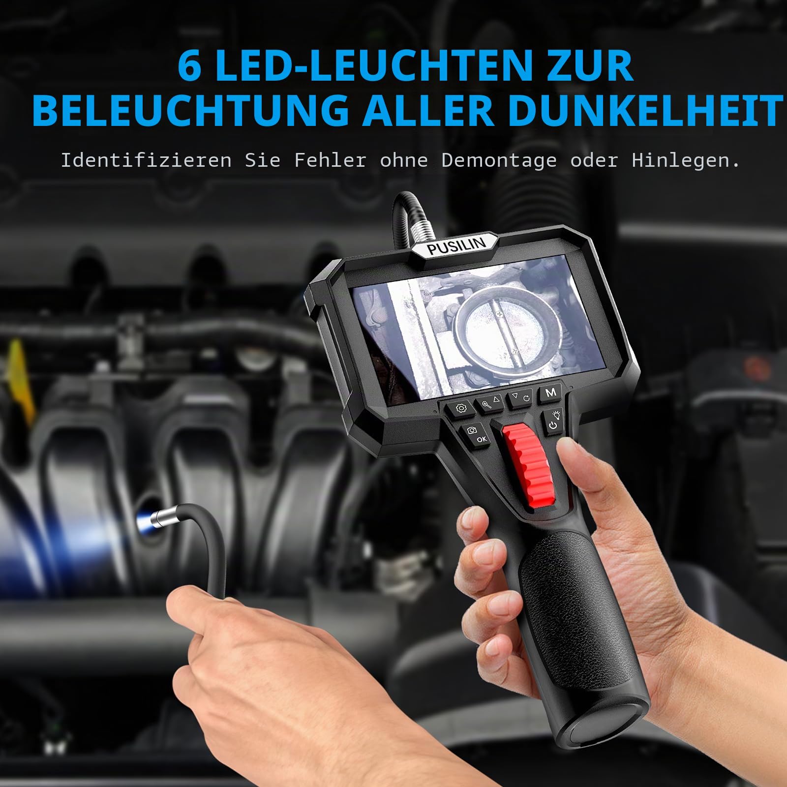 Endoskopkamera mit Licht, 4,3-Zoll Bildschirm, IP67 Boreskop mit 6 LED-Lichtern, 3,28FT Halbstarre Schlangenkamera,6,2mm Endoskop Kamera mit Beweglicher Kopf, Inspektionskamera