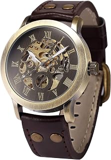 FANMIS Men's Steampunk Bronze Skeleton Automatic Mechanical Watch - Brown Leather Strap, 42mm Dial