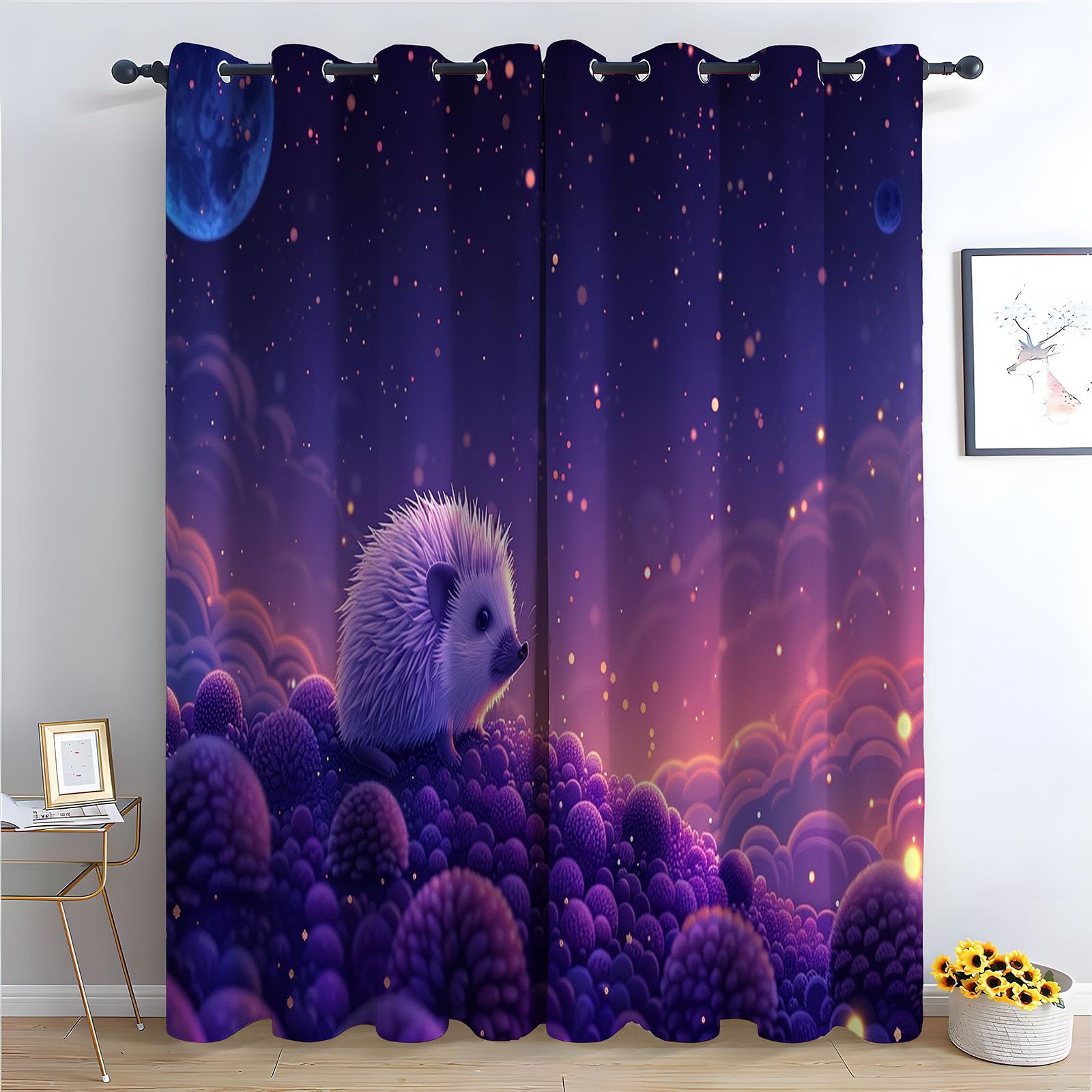 TERUEA Curtains for Bedroom Living Room Contemporary Artistic Landscape Window Treatments, Cute fluffy hedgehog purple moss hill starry moon night Mountain Curtains-52 W x 84" L (Pack of 2)