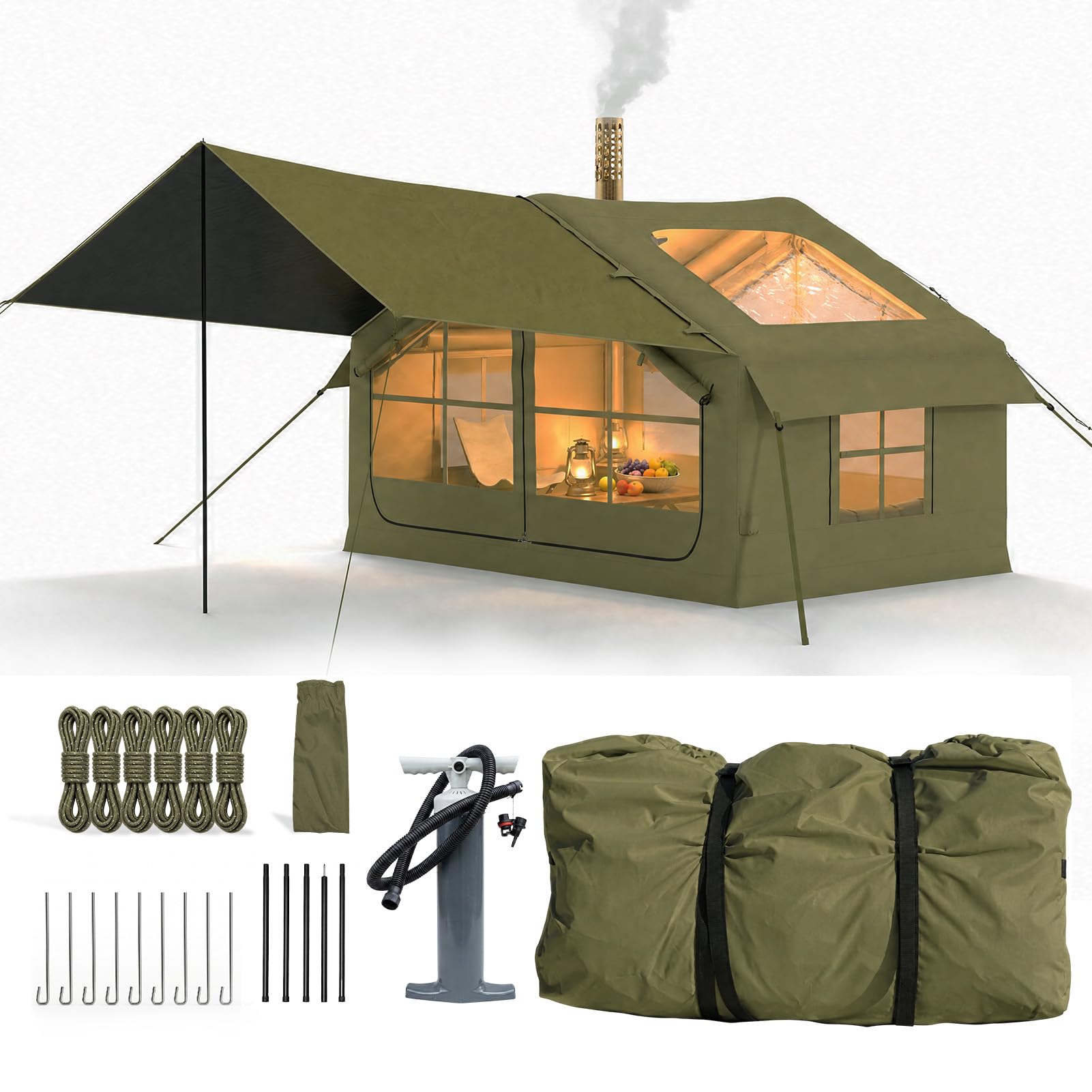 HAUSPROFI Aufblasbares Zelt für 2-4 Personen, Campingzelt mit Dachfenster & Kaminöffnung & Luftpumpe, Outdoor Zelt aus Wasserdichtem Oxford-Stoff, Schneller Aufbau, Grün Sport & Freizeit
