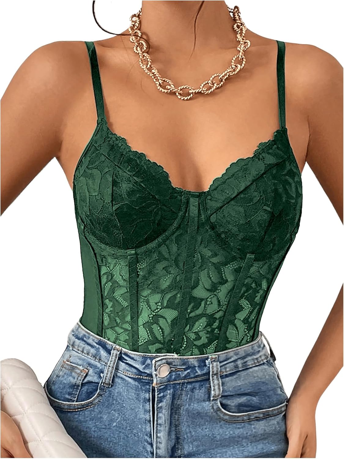 Milumia Women’s Sexy Floral Lace Sheer Mesh Corset Bodysuit Spaghetti Strap Cami Tops Going Out