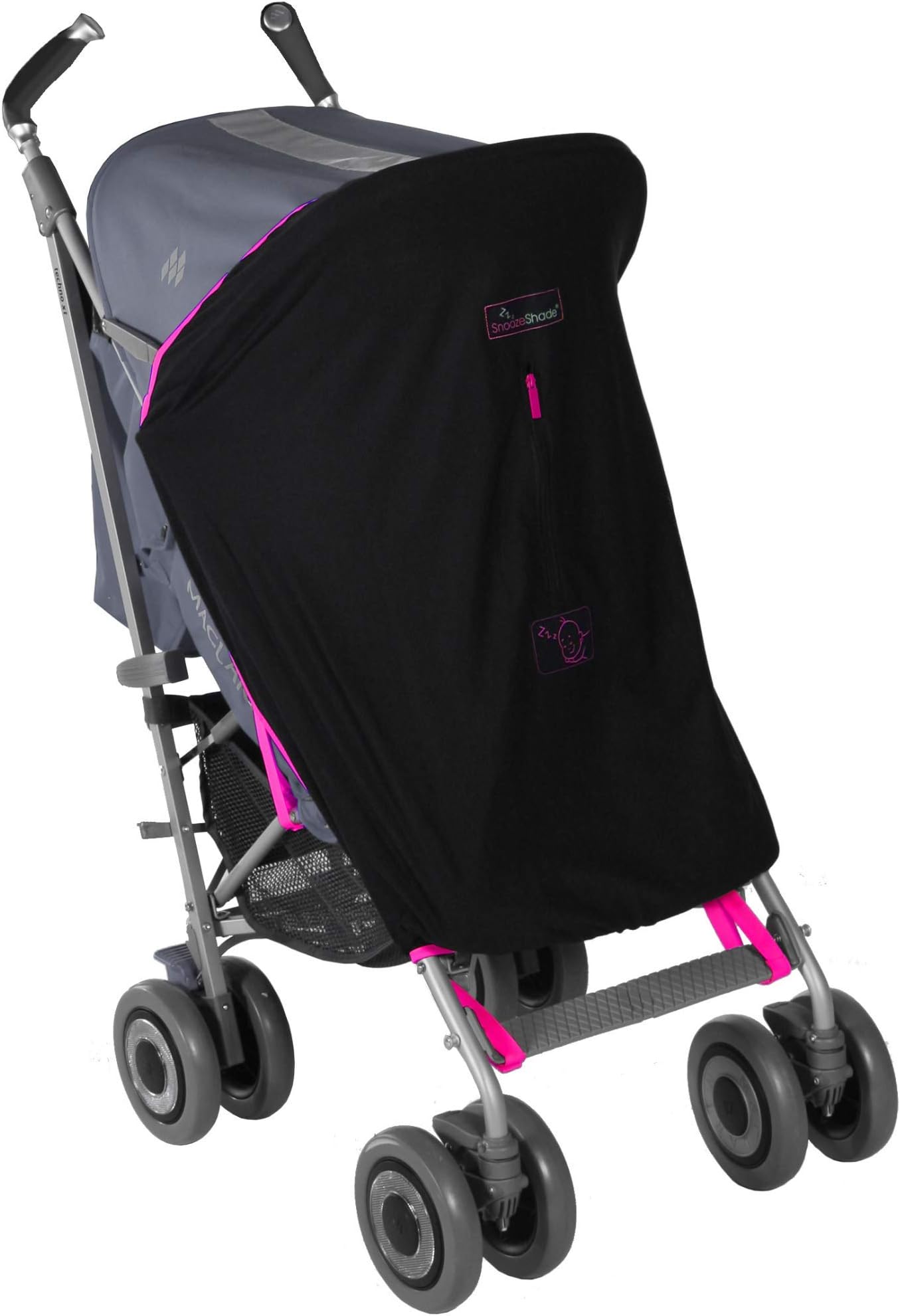 SnoozeShade Original (0-6m) | Universal fit pram and buggy sunshade | Blocks 99% UV | Blackout blind for pushchairs/carrycots | Limited edition hot pink trim
