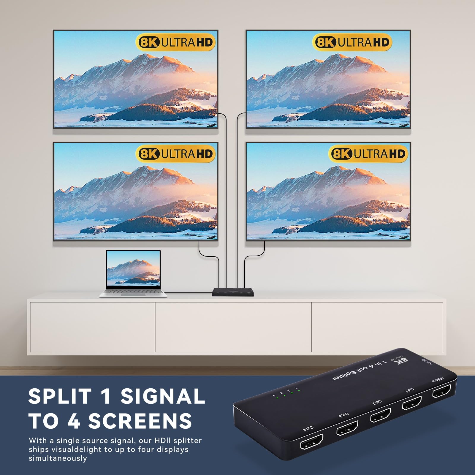 CY HUB Répartiteur HDMI 8K 60 Hz Ultra HD Convertisseur Compatible Commutateur 2.1 1-ENTRÉE-4-SORTIES 48 Gbit/s Hub UHD Prise en Charge HDCP SST Extended 4K à 120 Hz Audio 3,5 mm