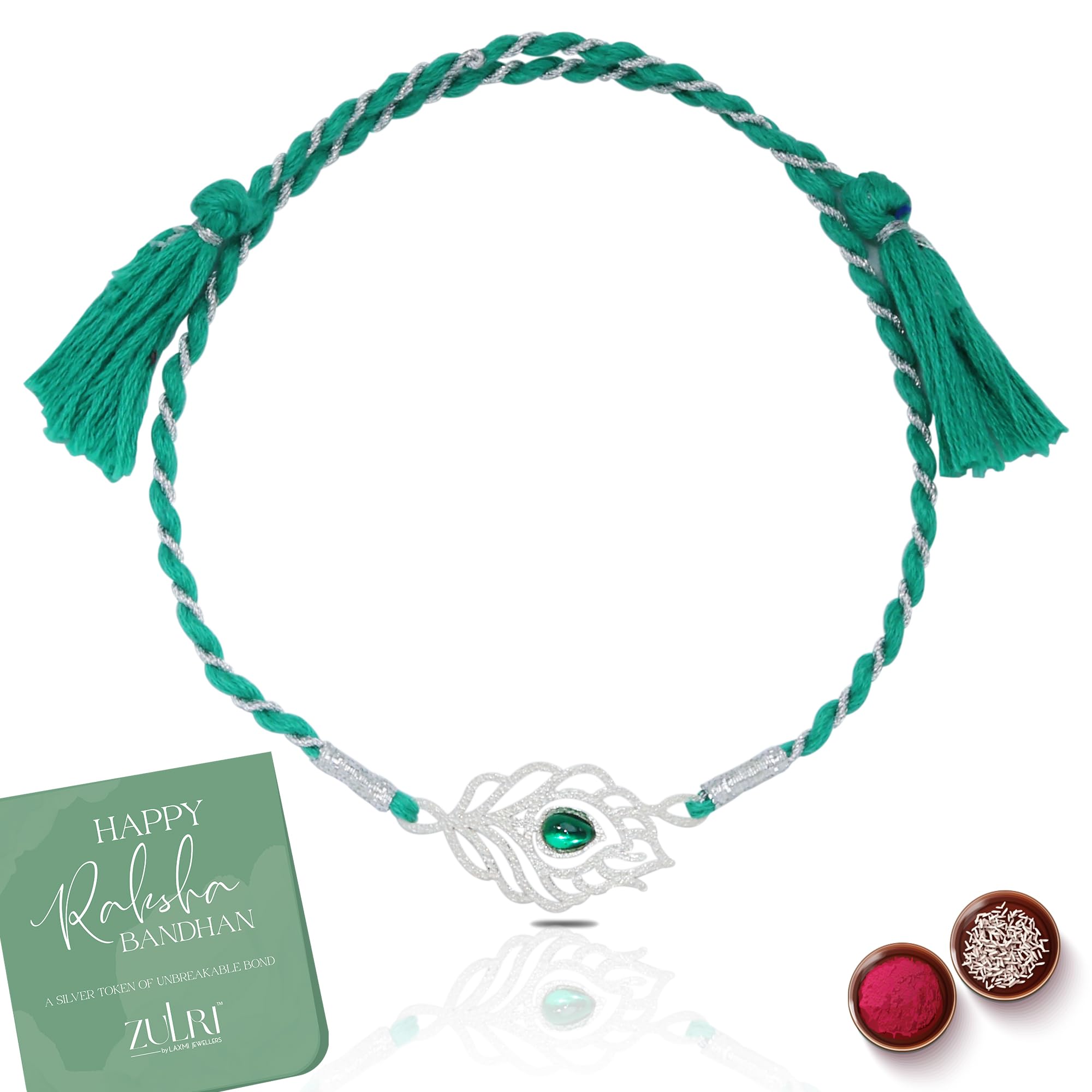 92.5 Sterling Silver Peacock Feather with Stone Thread Rakhi For Rakshabandhan | Rakhi With Fragrance Greeting Card & Roli Chawal and Silver Certificate of Authenticity-image-4
