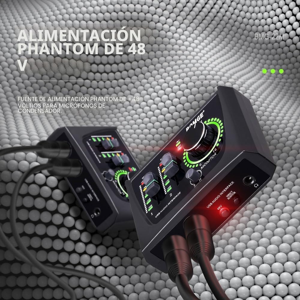 BOMGE Mini interfaz de audio USB de 2 canales para grabación, transmisión y podcasting, con alimentación fantasma XLR/48V, audio de calidad de estudio para guitarrista, vocalista,