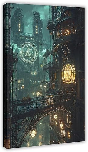 Arte de pared de paisaje urbano de fantasía Steampunk, póster de lienzo con impresión urbana futurista vintage, arte de pared, decoración de