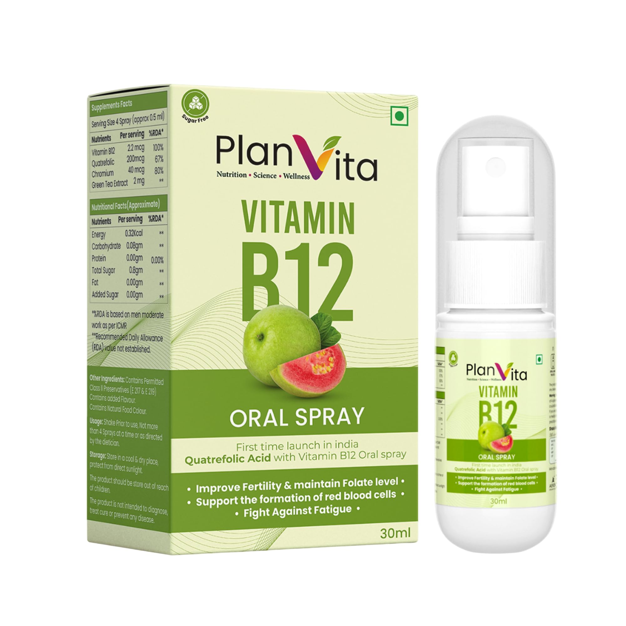 PlanVita Vitamin B12 Supplements 30ml Oral Spray with Quatrefolic Acid, Energy Booster in Guava Flavor | Sugar Free with Green Tea Extracts in Great Taste