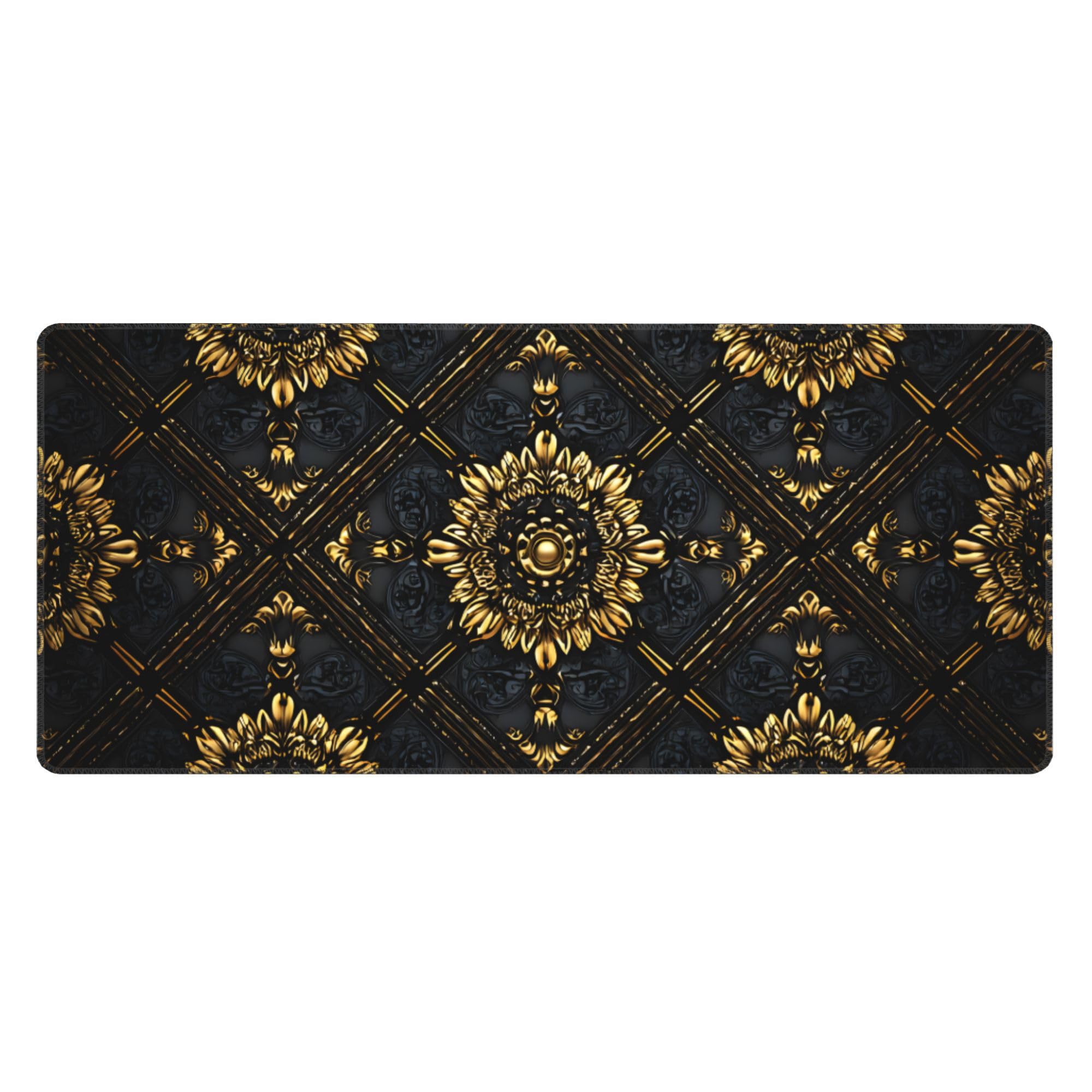 Mandala Pattern Golden Extended Gaming Mouse Pad, with Stitched Edges Large Mouse Pad Desk Protector, Rubber Base Mousepad Keyboard Mouses Mat for Work Game Office Home- 32" X 12" Inch