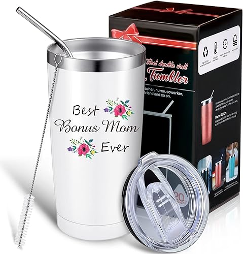Best Ever Mom - Vaso de 20 onzas con tapa, cepillo para popote y caja de regalo (color blanco)
