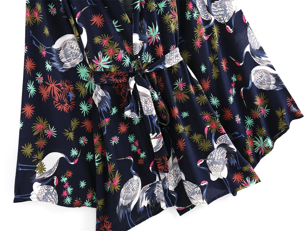 Batas vintage kimono botánico coberturas casual kimonos mujeres tops sueltos capas de playa, azul marino, L
