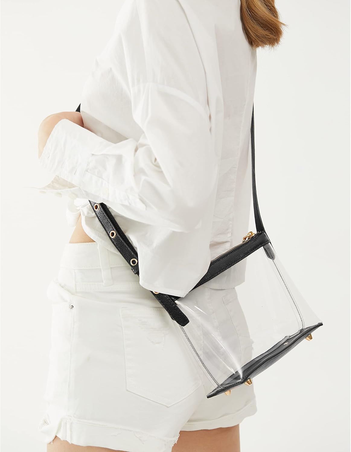 Clear Zipper Cross Body Bag with Vegan Leather Trim - Image 5