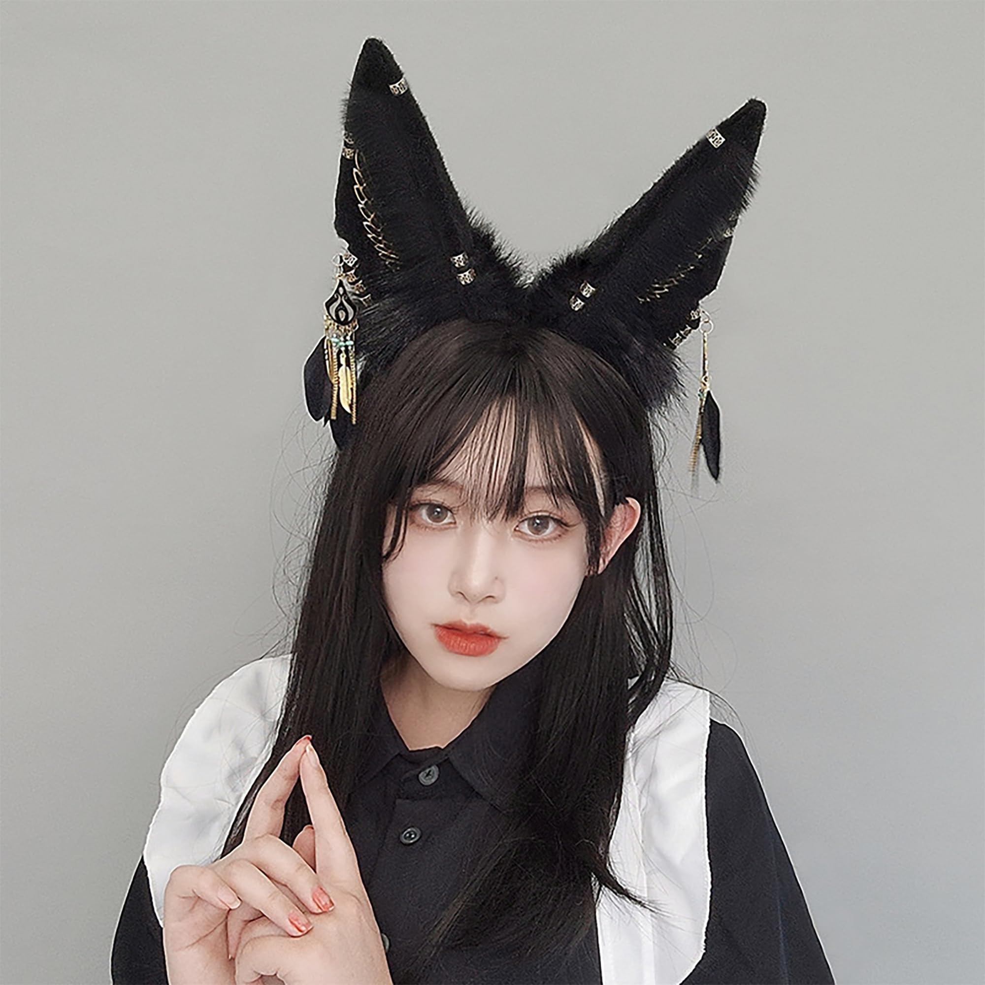 BNLIDES Handmade Furry Animal Ears Headwear Realistic Plush Adult Cosplay Accessory for Party, Anime and Convention Dress-Up: Anubis Black