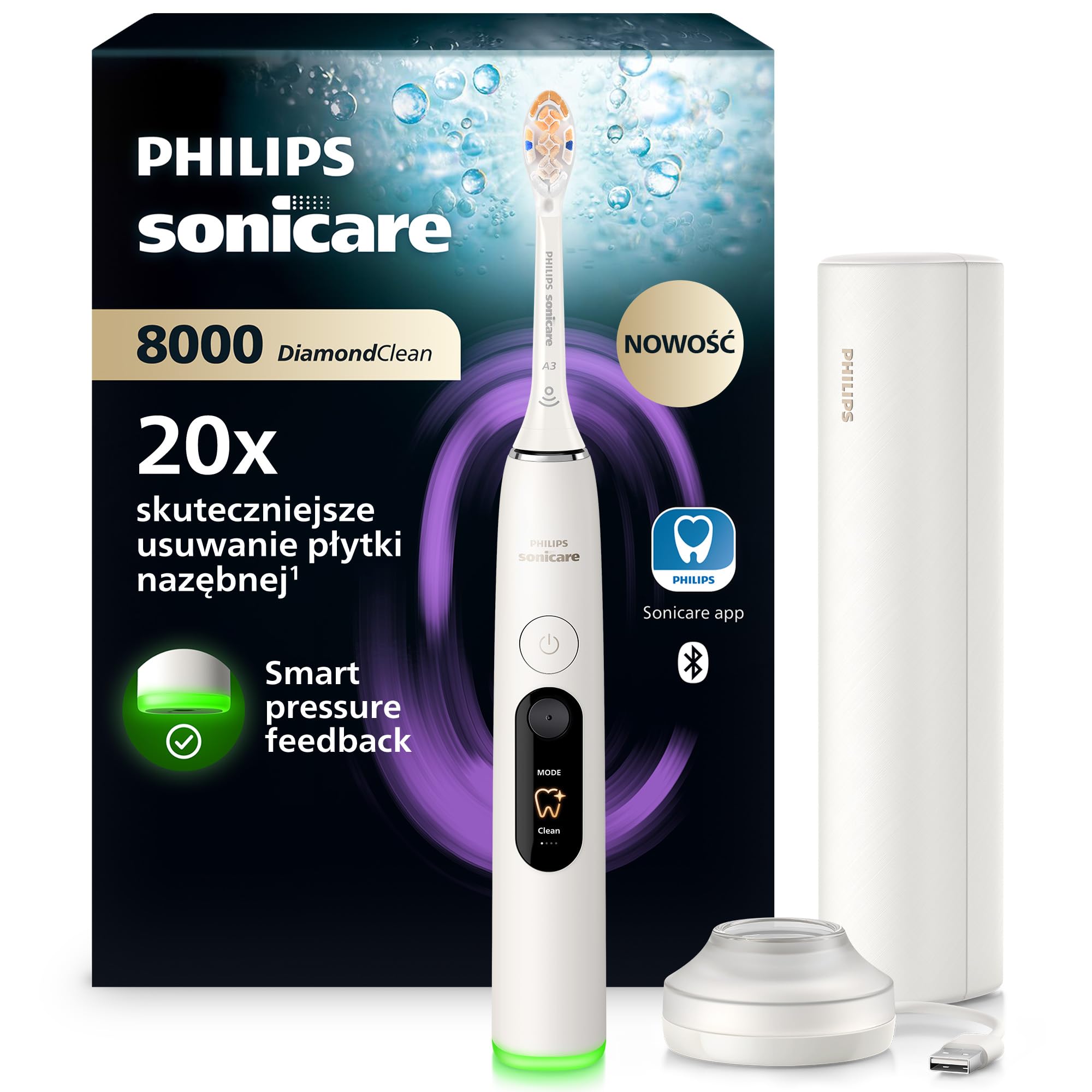 Philips Sonicare: szczoteczka elektryczna nowej generacji DiamondClean 8000– z funkcją Smart Pressure Feedback, 15 ustawień, kolor: Powder White, model HX8311/11