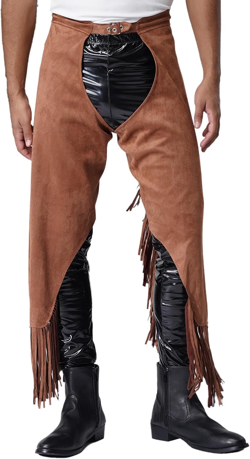 Mufeng Mens Western Cowboy Chaps Faux Suede Tassel Assless Motorcycle Riding Pants Clubwear