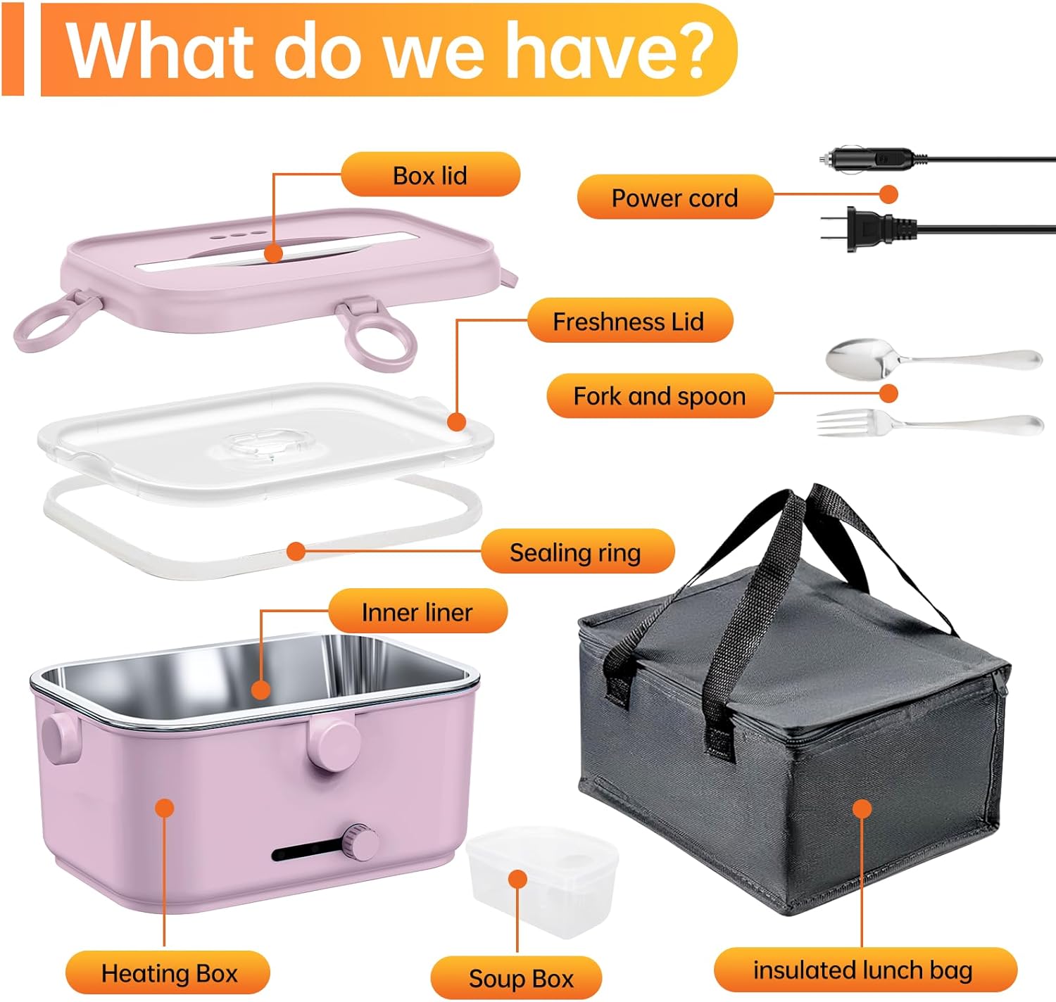 Heated Electric Lunch Box for Adults, 80W Portable Food Warmer with 1.8L Stainless Steel Container, Utensils, Carry Bag & Leakproof Lid, 12V/24V Car/Truck & 110/120V Home/Office (Light Pink)