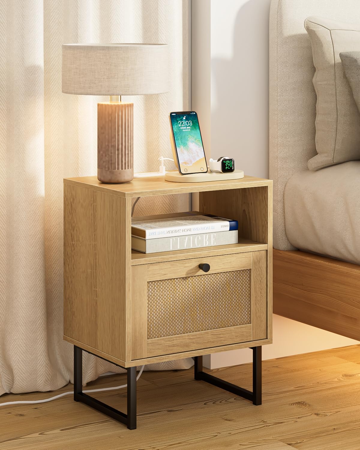 Rattan Nightstand with Charging Station, Boho Night Stand Farmhouse Wood Bedside Table with Storage and Open Shelf, End Side Accent Table for Bedroom,Living Room,Oak