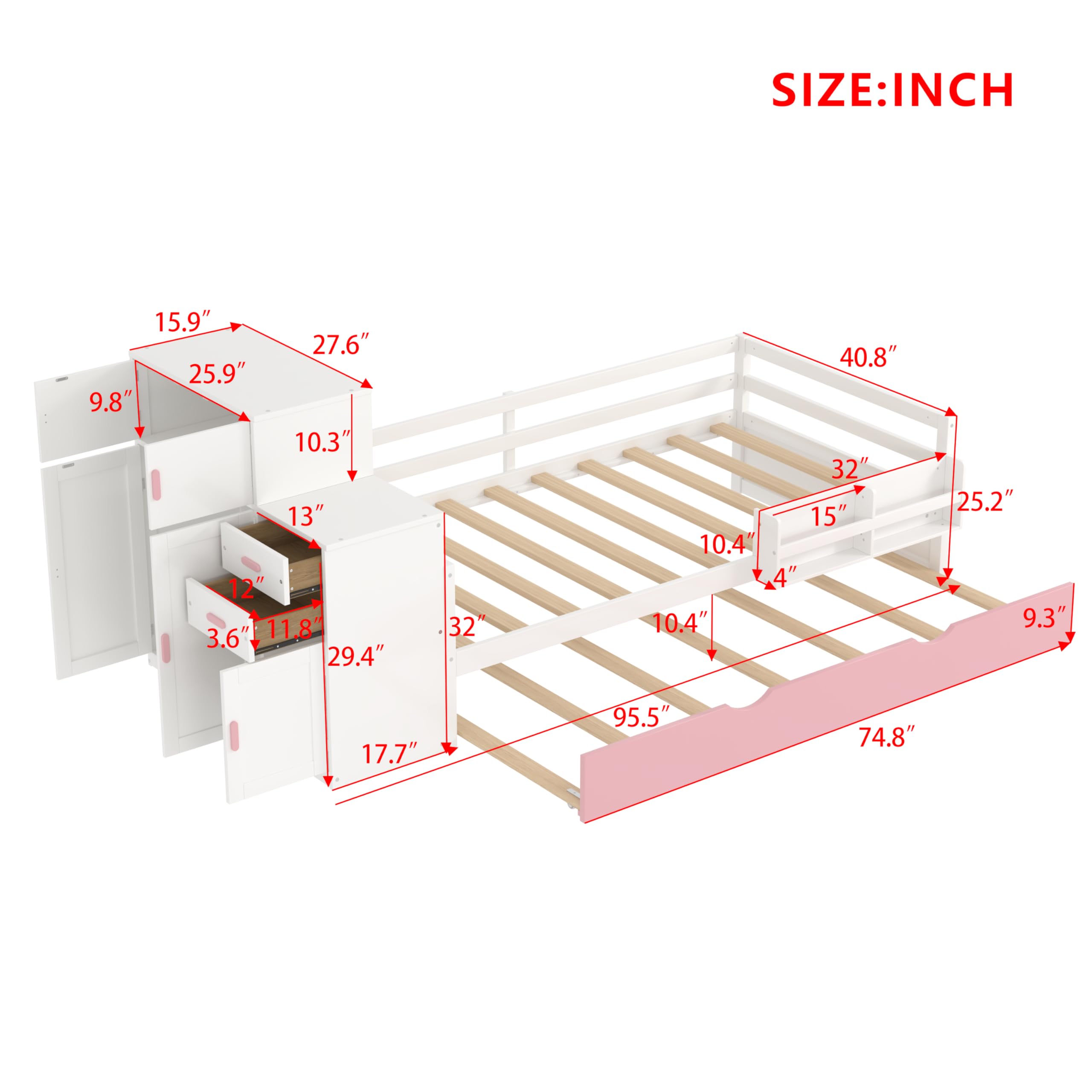 Twin Size Wood Platform Bed with Sample Bookshelf and Movable Storage, Multifunctional Platform Bed with Built-in Trundle Bed, No Box Spring Needed/Easy Assembly (Pink)