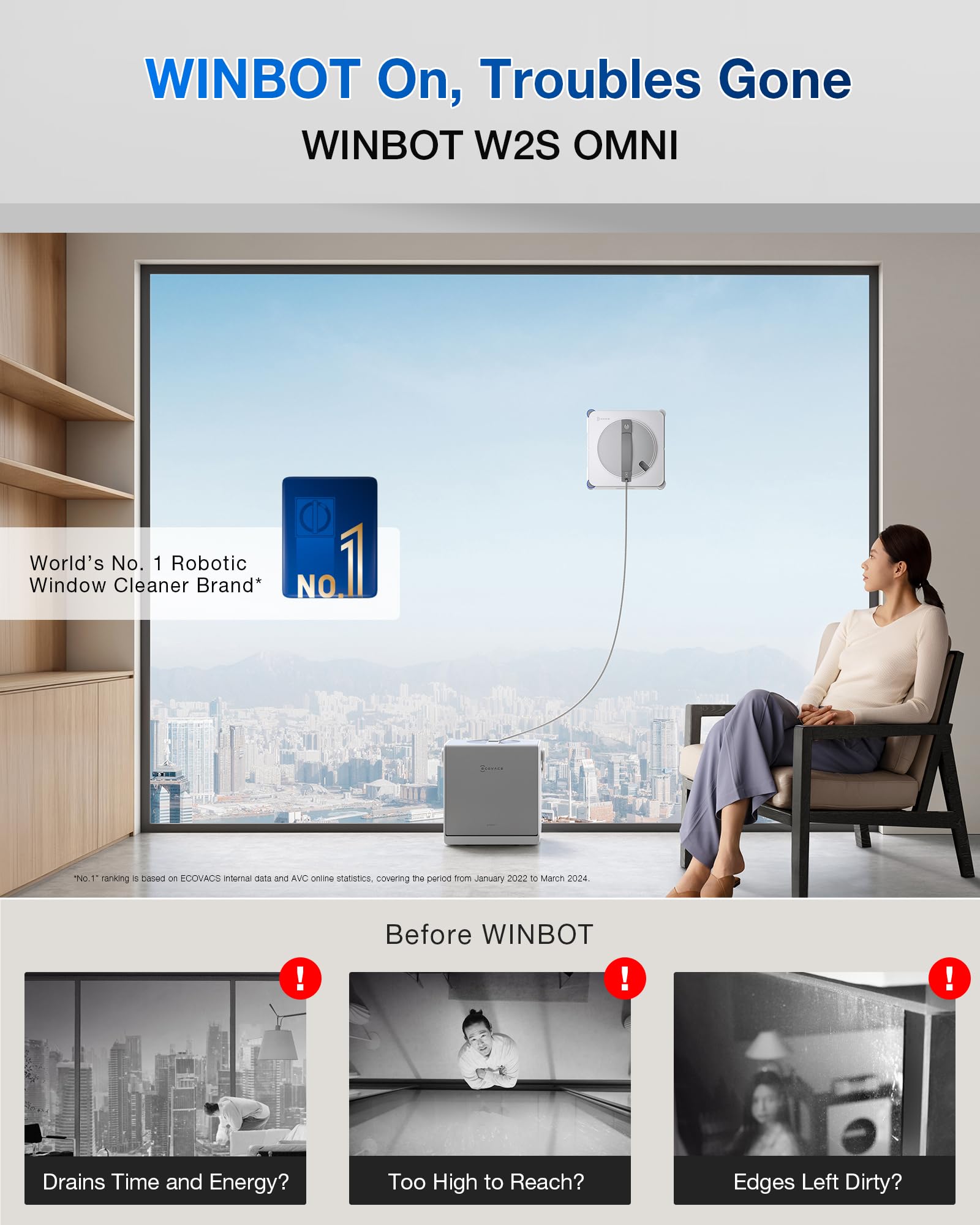 ECOVACS WINBOT W2S Omni Fensterreinigungsroboter, mit 6-in-1-Multifunktionsstation, TruEdge-zu-Rand-Präzision, dreifache Weitwinkel-Sprühdüsen, 12-stufiges Sicherheitssystem, Dual-Power-Modi