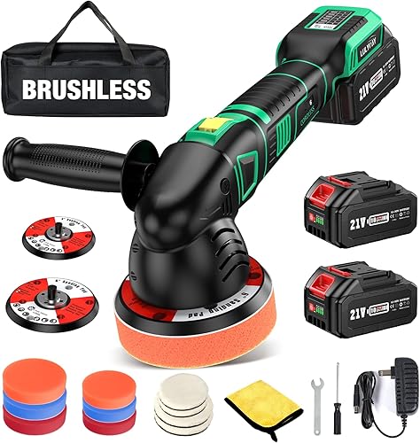LULYDAY Pulidora de búfer inalámbrica de 21 V, pulidora de búfer de coche de 5 y 6 pulgadas con orbital aleatorio de 0.59 pulgadas, con 2 baterías