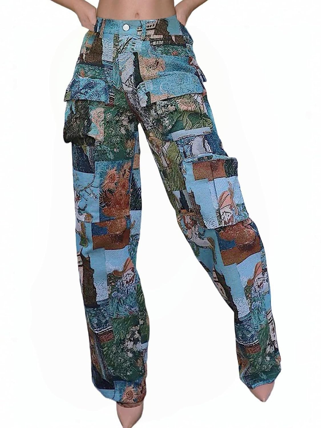 Angsuttc Cargo Pants Women High Waisted Wide Leg Trousers Patchwork Art Print Streetwear with Multi Pockets