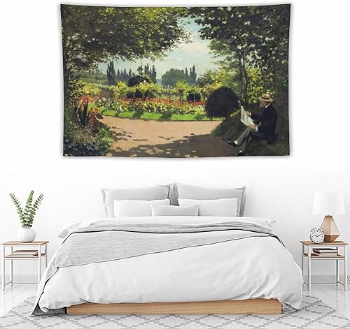 Miniatura 5 de SAYFUR Claude Monet Tapiz Monet Reading in The Garden, 1866 Tapiz decorativo para pared, sala de estar, dormitorio, impresiones de 60 x 90 pulgadas