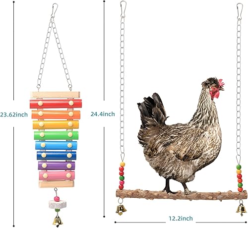 Miniatura 3 de KAKUNM Juguetes de pollo para gallinero, 7 piezas, xilófono de pollo, juego de columpios de pollo, juguete de espejo de pollo, escalera flexible de