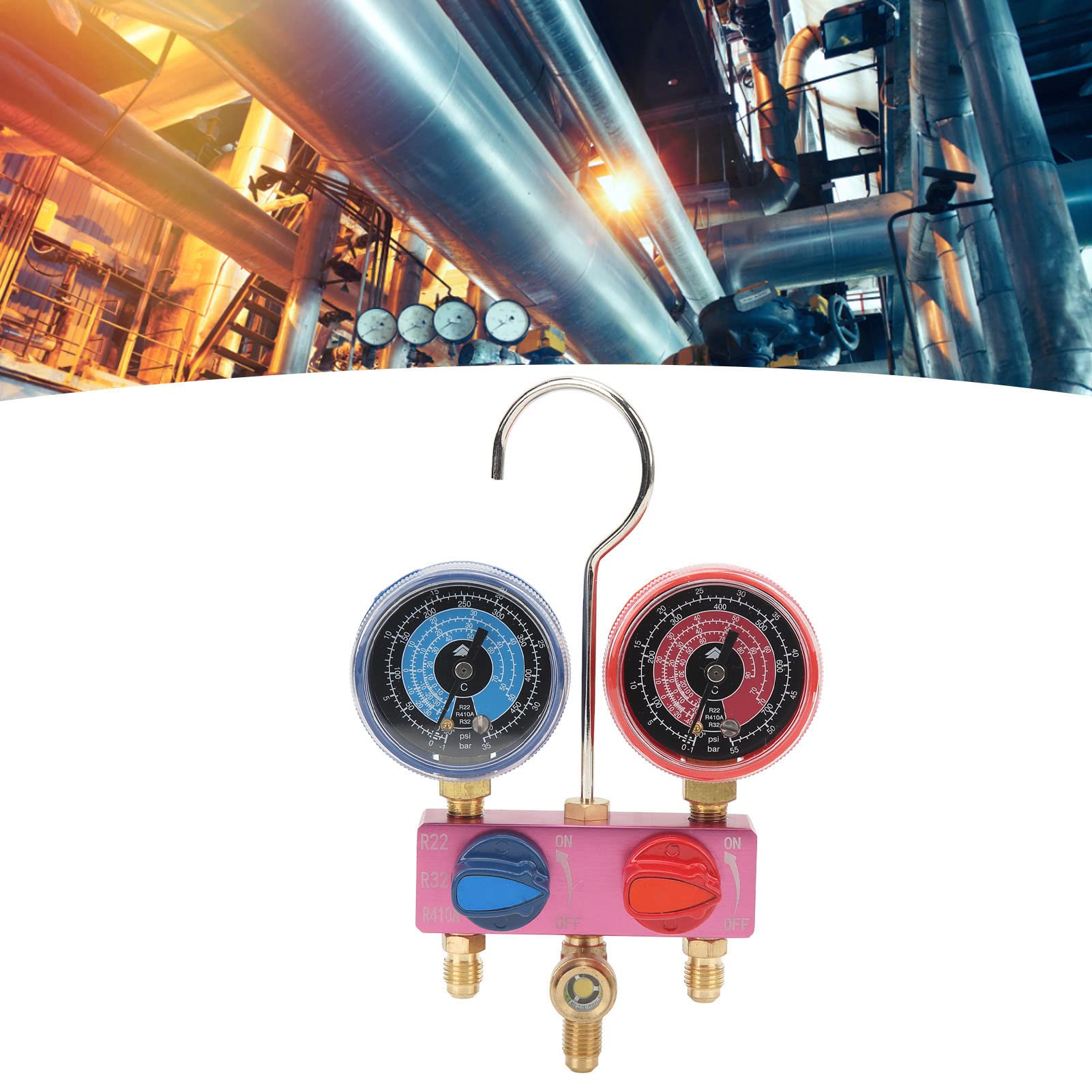 Mini Manometro Diagnostico con Manopola in Metallo G1/4 con Guarnizione in PTPE per Refrigerante R22 R32 R410A