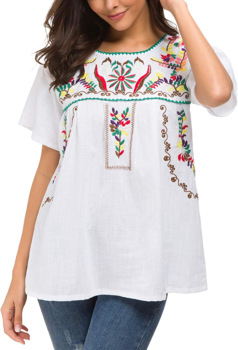 YZXDORWJ Women's Embroidered Mexican Peasant Blouse Mexico Summer Shirt Short Sleeve