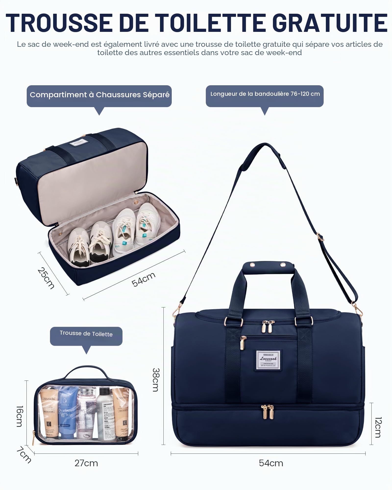 LOVEVOOK sac de sport pour femme - Grand sac de voyage avec trousse de toilette et compartiments à chaussures et humide - Imperméable