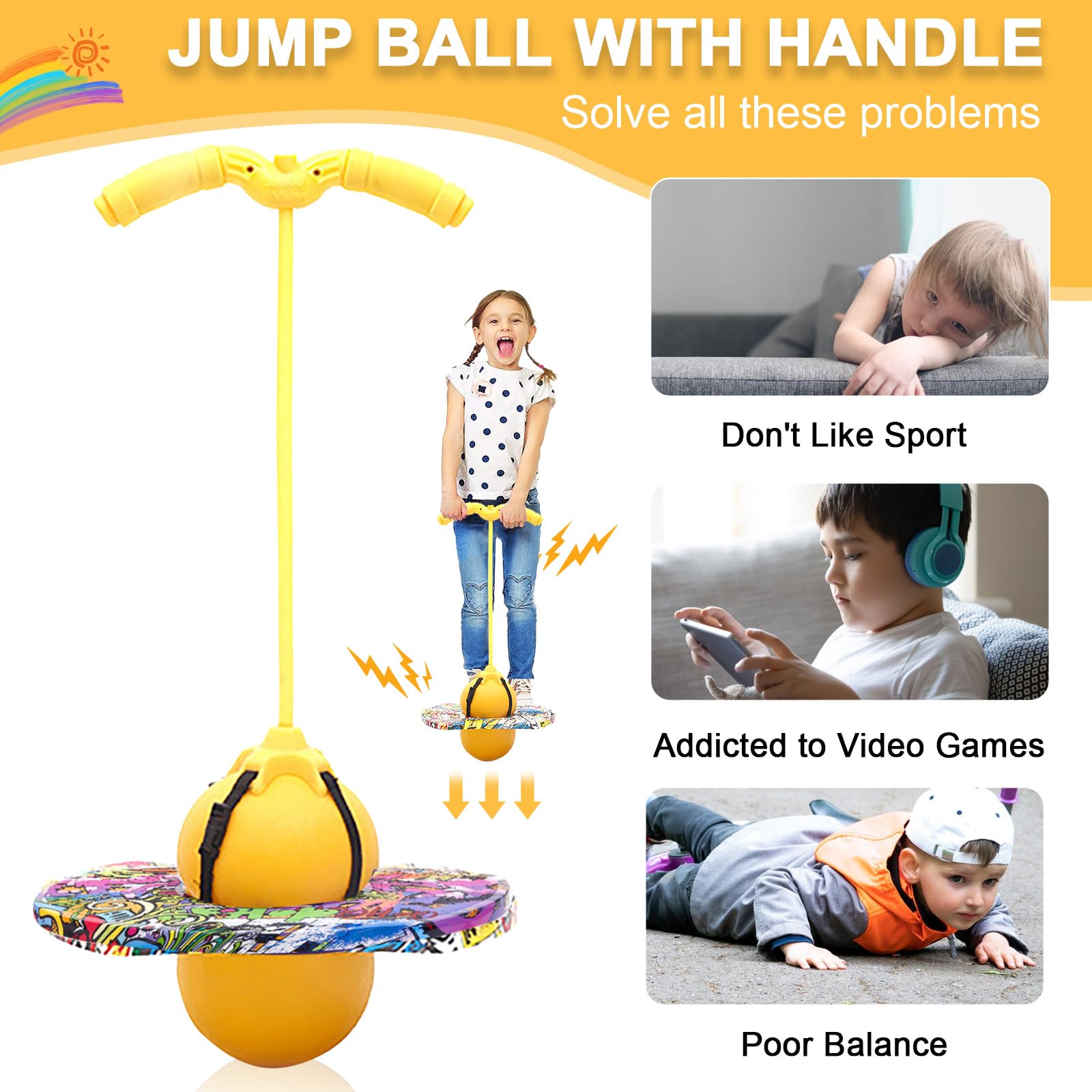 Pogo Ball con asas, Pogo Stick pelota de saltar para niños, barra de saltar con bomba de aire, pelota de entrenamiento de equilibrio, regalo para niños a partir de 6 años (amarillo)