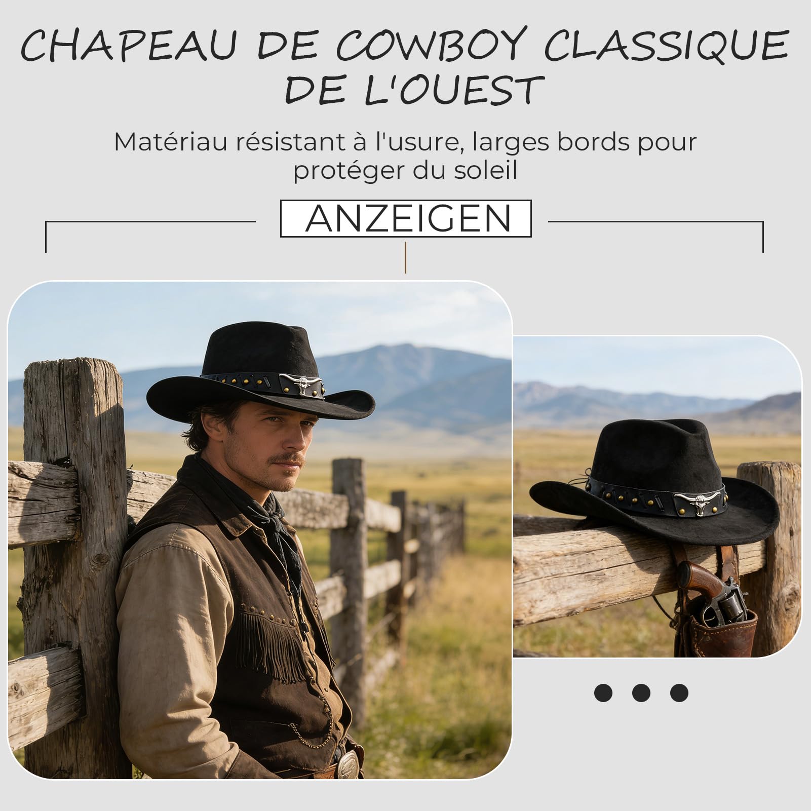 Chapeaux Western Ajustables en Daim Denim pour Homme et Femme, Chapeaux de Cowboy à Large Bord, Chapeaux Western pour Femme (Noirs)