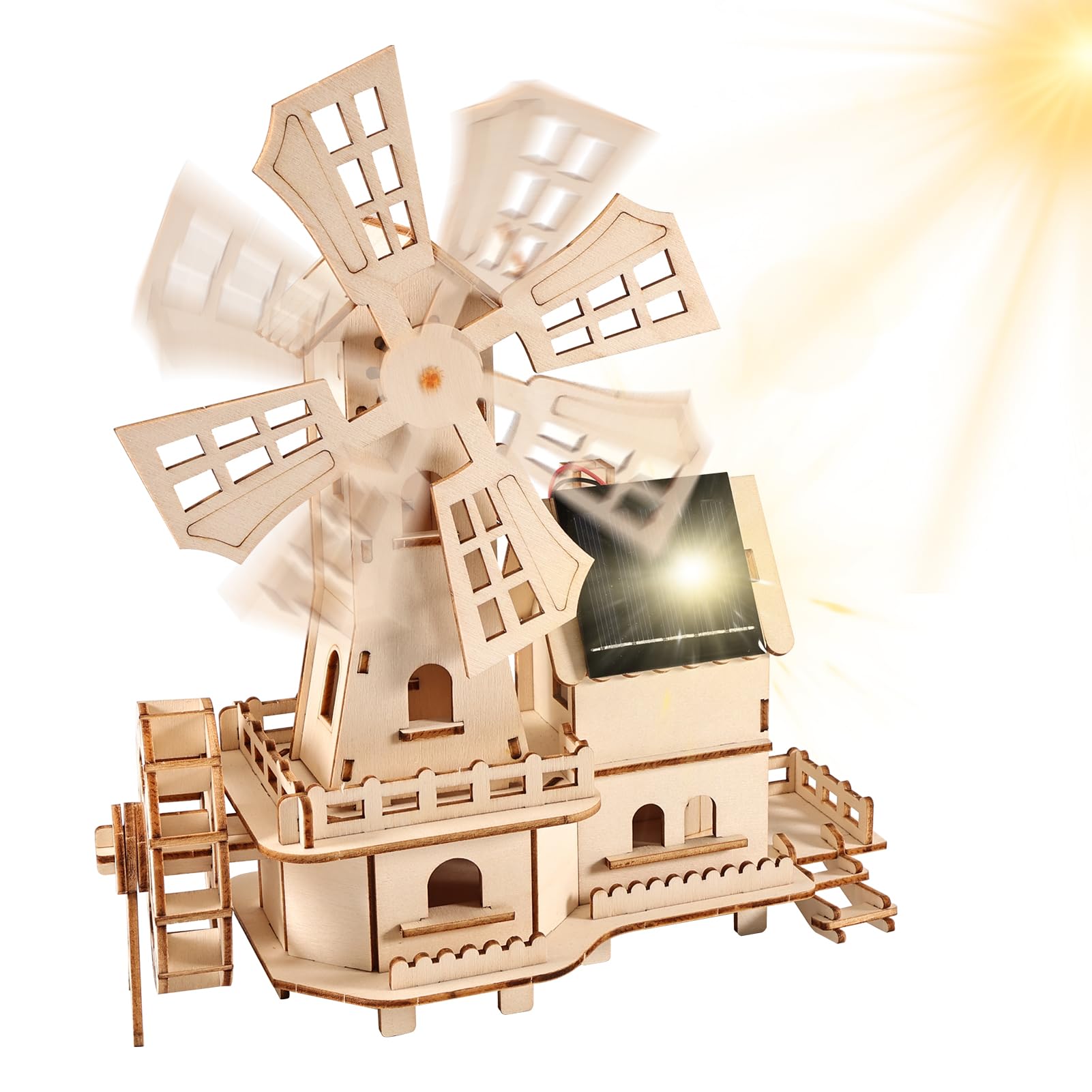 3D puzzle drewniane Dom z wiatrakami solarnymi - zestaw do majsterkowania DIY dla dorosłych - zestaw budowy modelu z obracającą się turbiną wiatrową zasilaną energią słoneczną | W tym