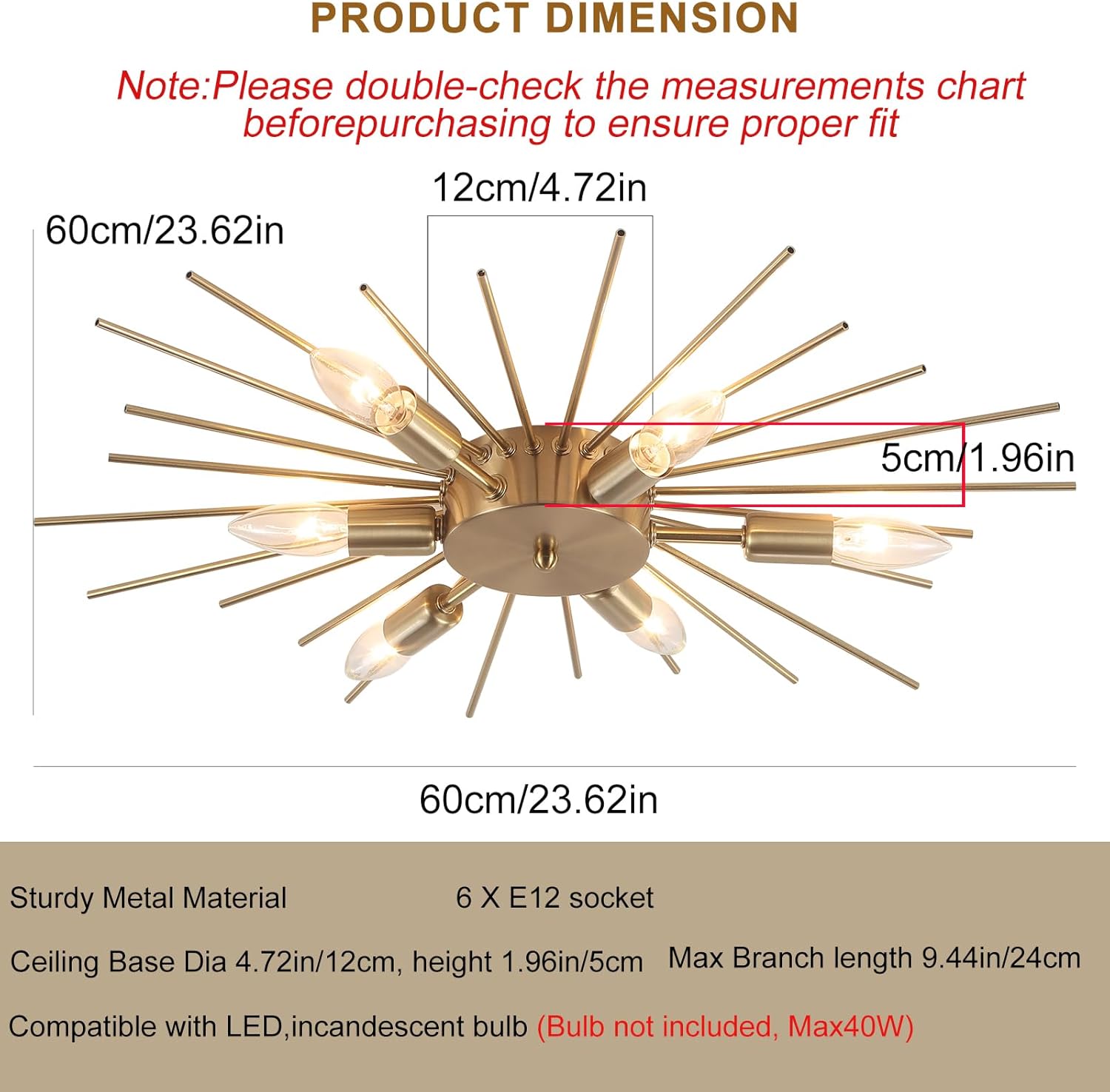 Jaycomey 6-Lights Sputnik Light Fixture Flush Mount Gold Ceiling Lights Modern Firework Metal Ceiling Lighting Mid Century Chandelier for Farmhouse Dining Room Bedroom Hallway Living Room, E12