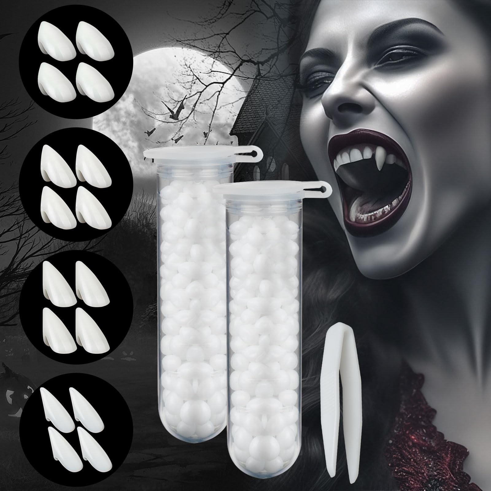 Vampire Fangs 8 Pairs 4 Sizes Teeth with Adhesive and Tweezers, Vampire Fang Fake Teeth Halloween Decorations Party Cosplay Props Werewolf Fang Vampire Dentures Party Favors Masquerade Accessories