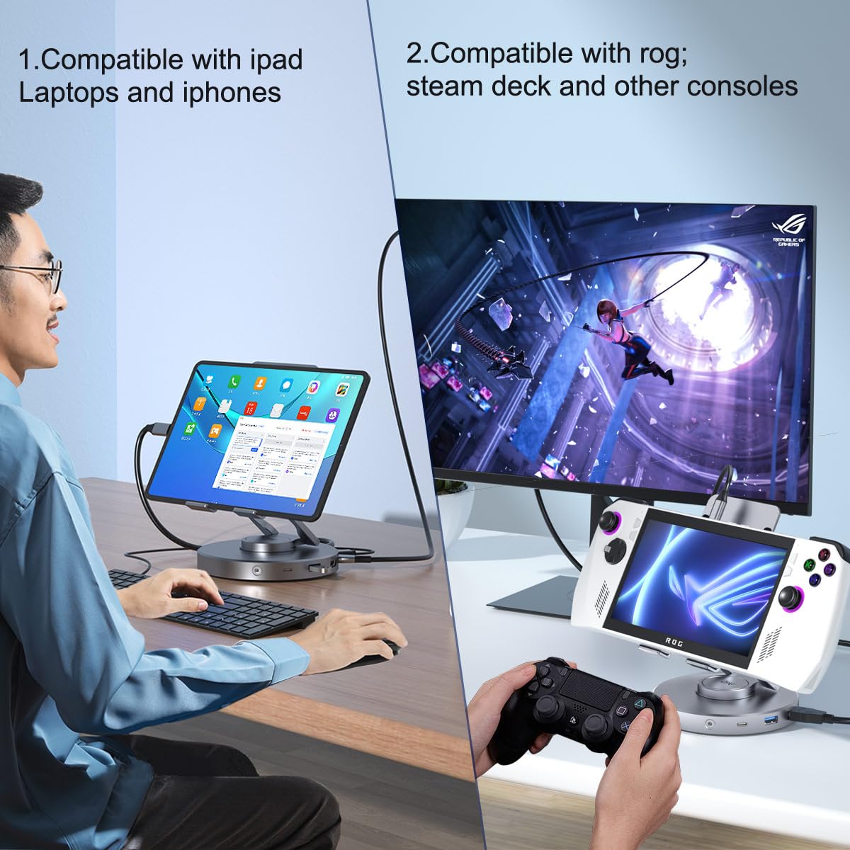 Station d'accueil pour Steam Deck ROG Ally – Station d'accueil 10 en 1 Stream Deck avec HDMI 2.0 4K @ 60 Hz, Ethernet Gigabit 1000 Mbps, SD/TF, audio 3,5 mm et USB-C PD 100 W Vitesse de charge pour