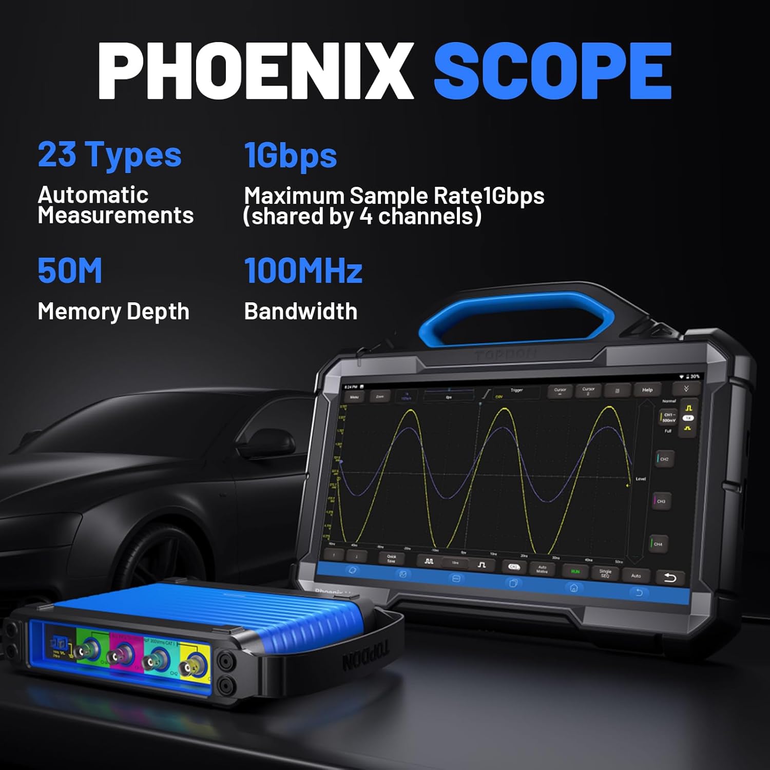 TOPDON Phoenix Scope, 4 Channel Oscilloscope with Accessories, Works with Phoenix Max/Smart/Elite Diagnostic Tools, 23 Auto Measurements & Waveform Analysis