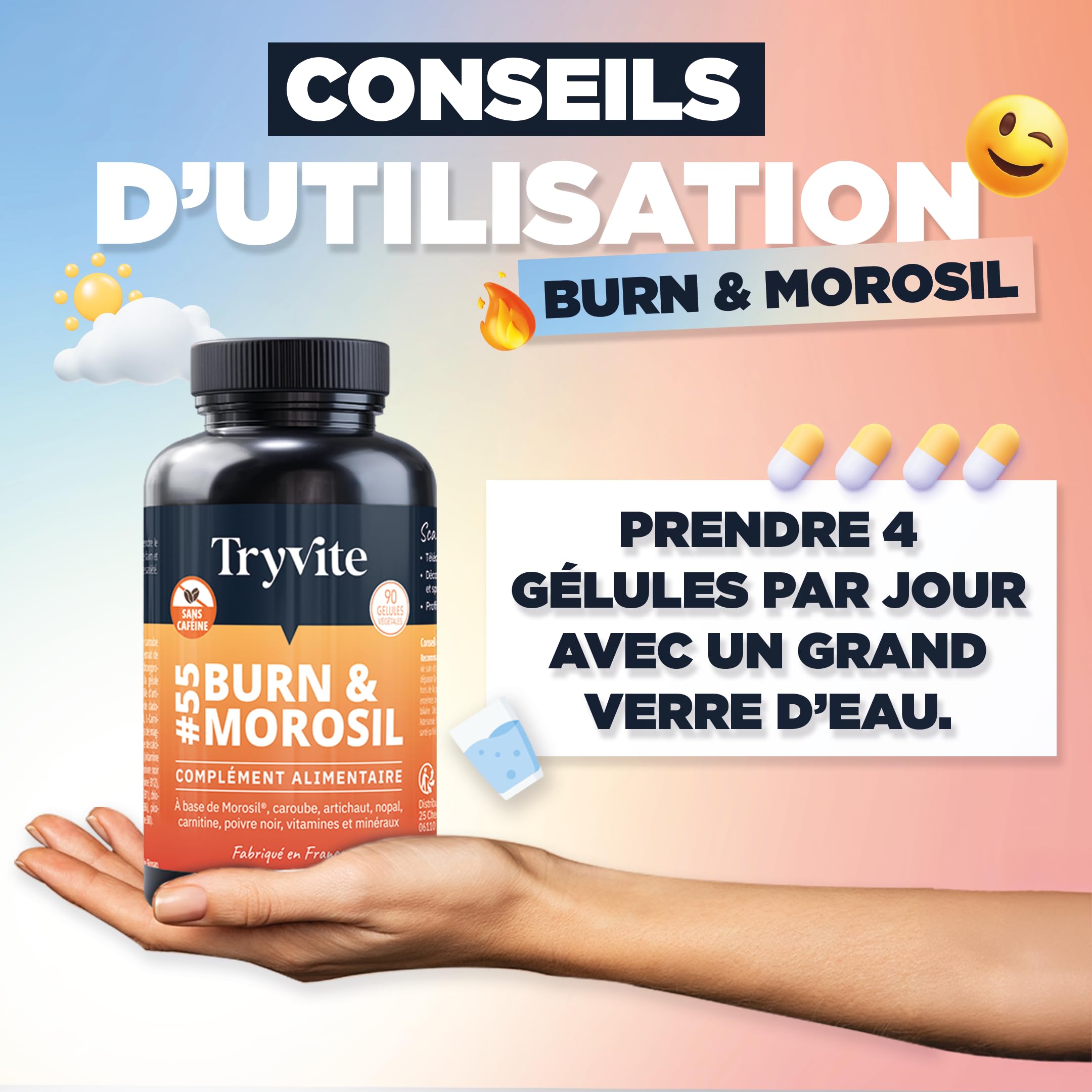 TRYVITE | Morosil, Caroube, Artichaut, Nopal | SANS CAFEINE 90 gélules | Fabriqué en France