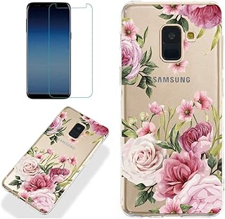 Clear Case for Samsung Galaxy A8 2018 with Screen Protector,QFFUN Ultra Thin Slim Fit Soft Transparent Silicone Phone Case Crystal TPU Bumper Shell Scratch Resistant Protective Cover - Pink Flower