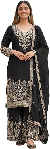 Leeli Peeri Designer Women's Chinon Silk Embroidery Kurta Sharara Set With Dupatta
