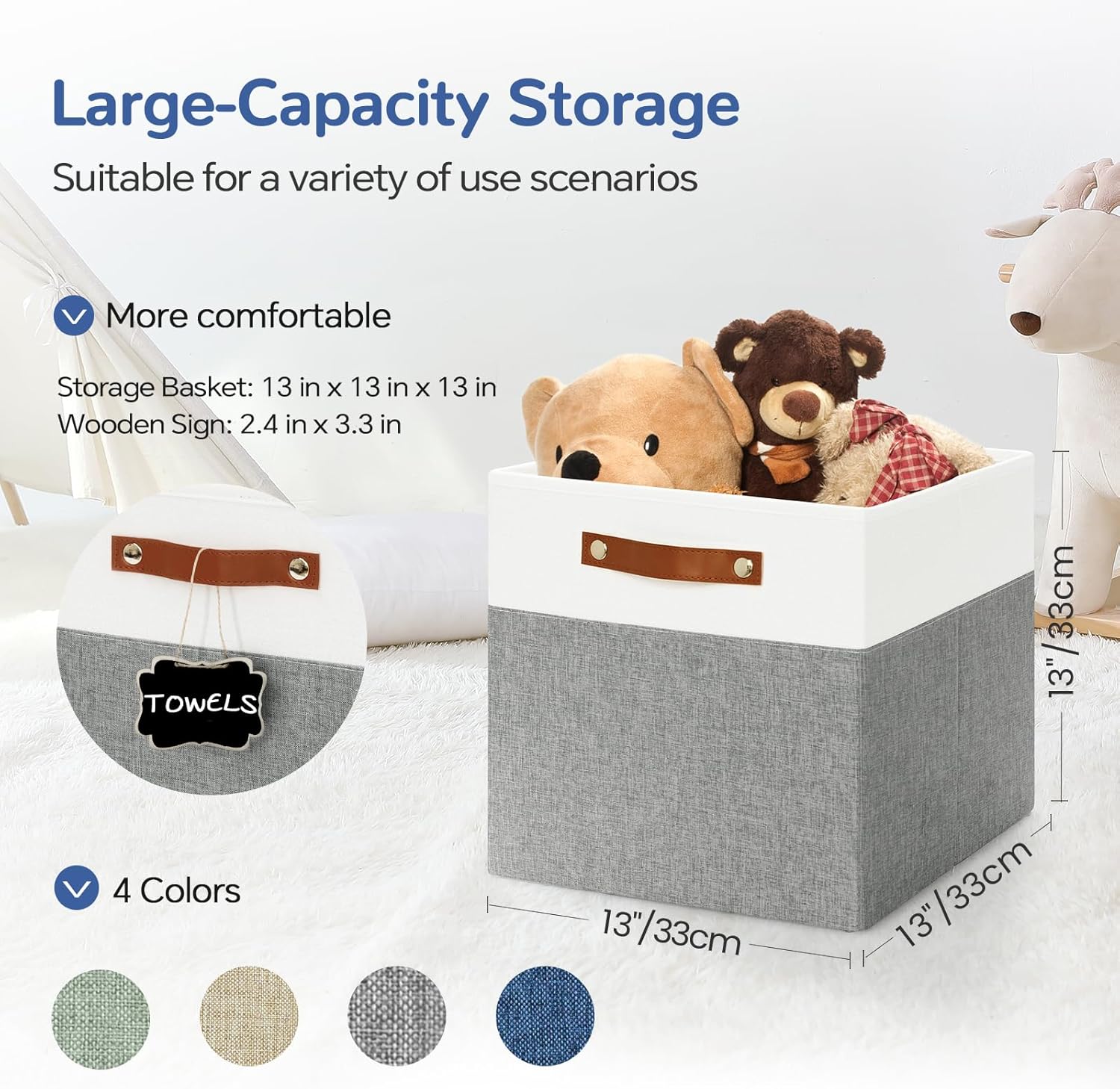 13x13 Storage Cubes 6-Pack, Large Foldable Fabric Cube Storage Bin with Reinforced Bottom and Labels, Organizer Baskets for Shelves, Closets(White/Gray)