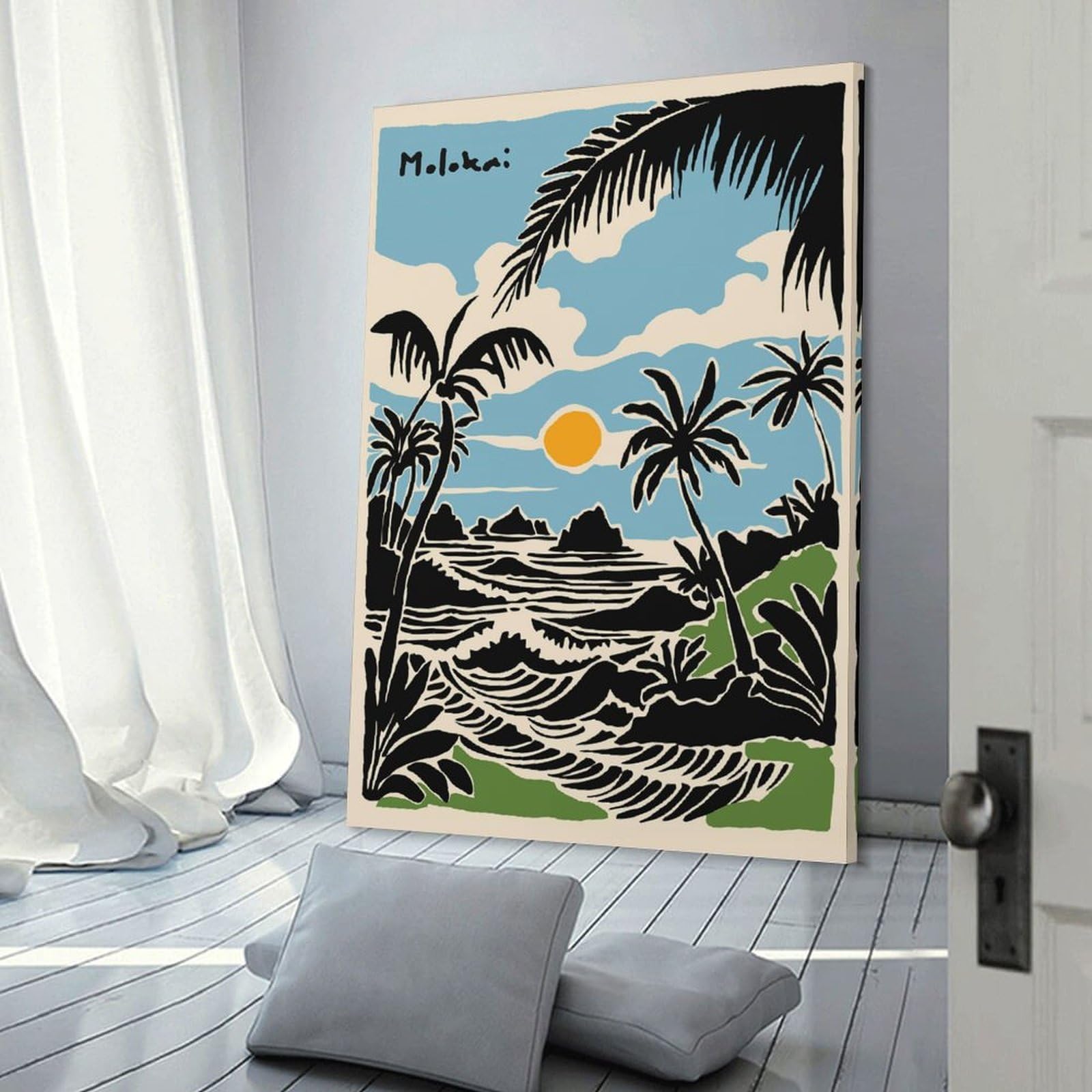Junmoney Molokai Island Beach Scene Illustration Canvas Wall Picture, 12x18inch(30x45cm), for Wall Displays, Bedrooms Or Room Updates, Wall Decor Suited to Curated Displays