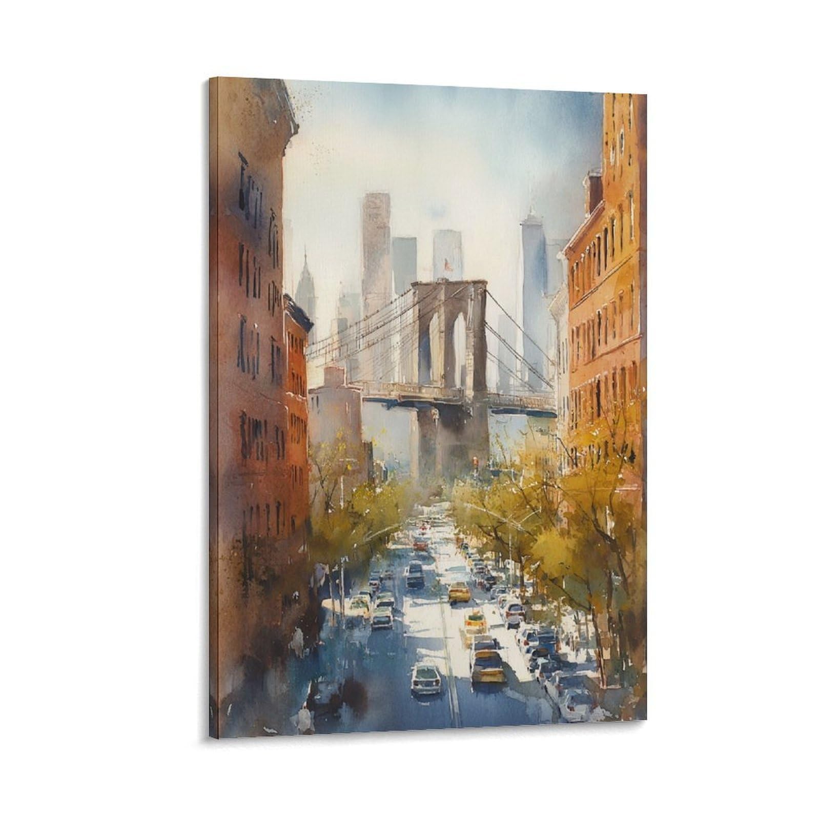 XWYMXZ Brooklyn Bridge Watercolor Painting New York Travel Poster 24x36inch(60x90cm) Vintage Watercolor Canvas Art