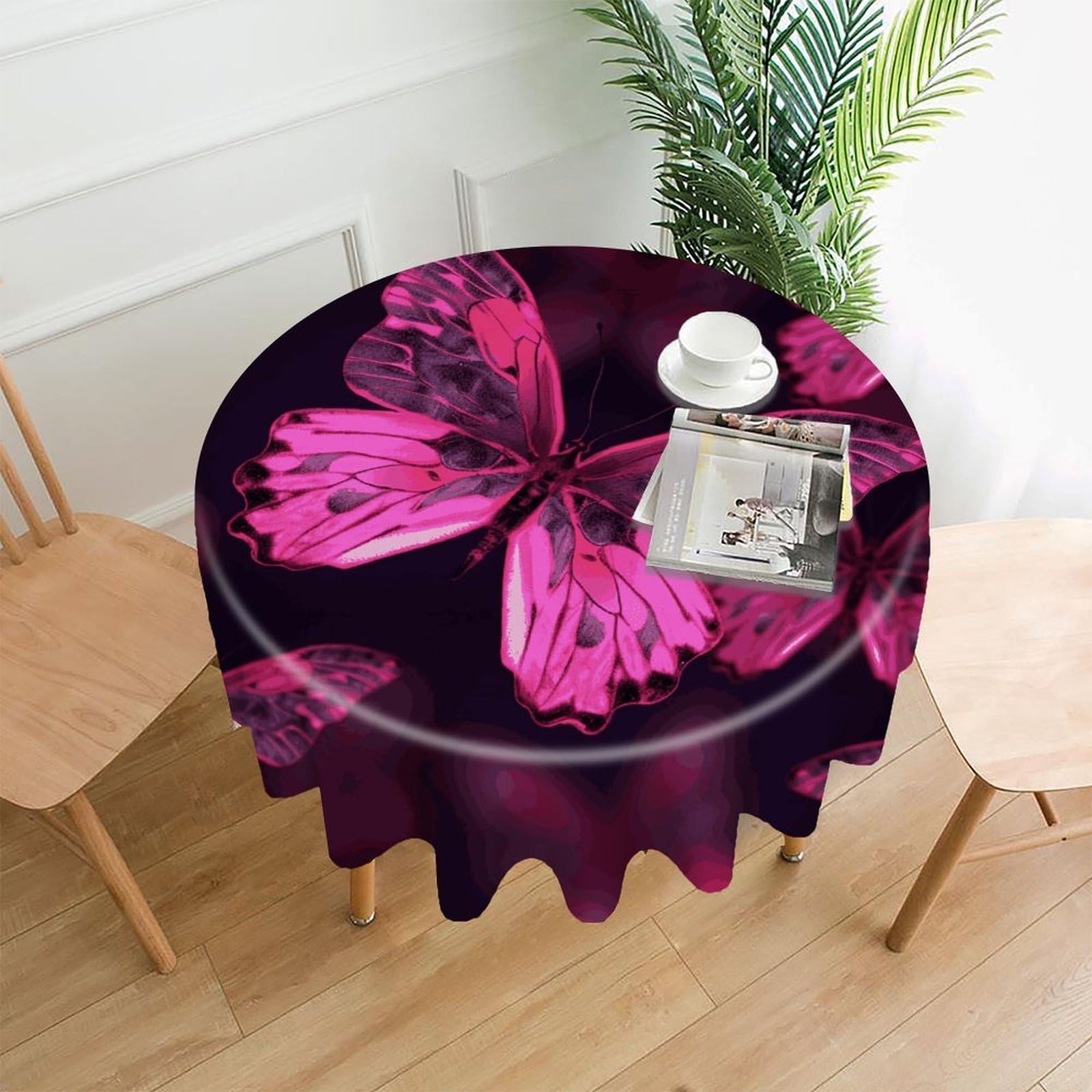 MUSM 60 Inch Pink Butterfly Round Tablecloth Wipeable Washable Table Cover for Kitchen and Dining Room Decorative Table Cloth for Party Holiday Picnic Outdoor
