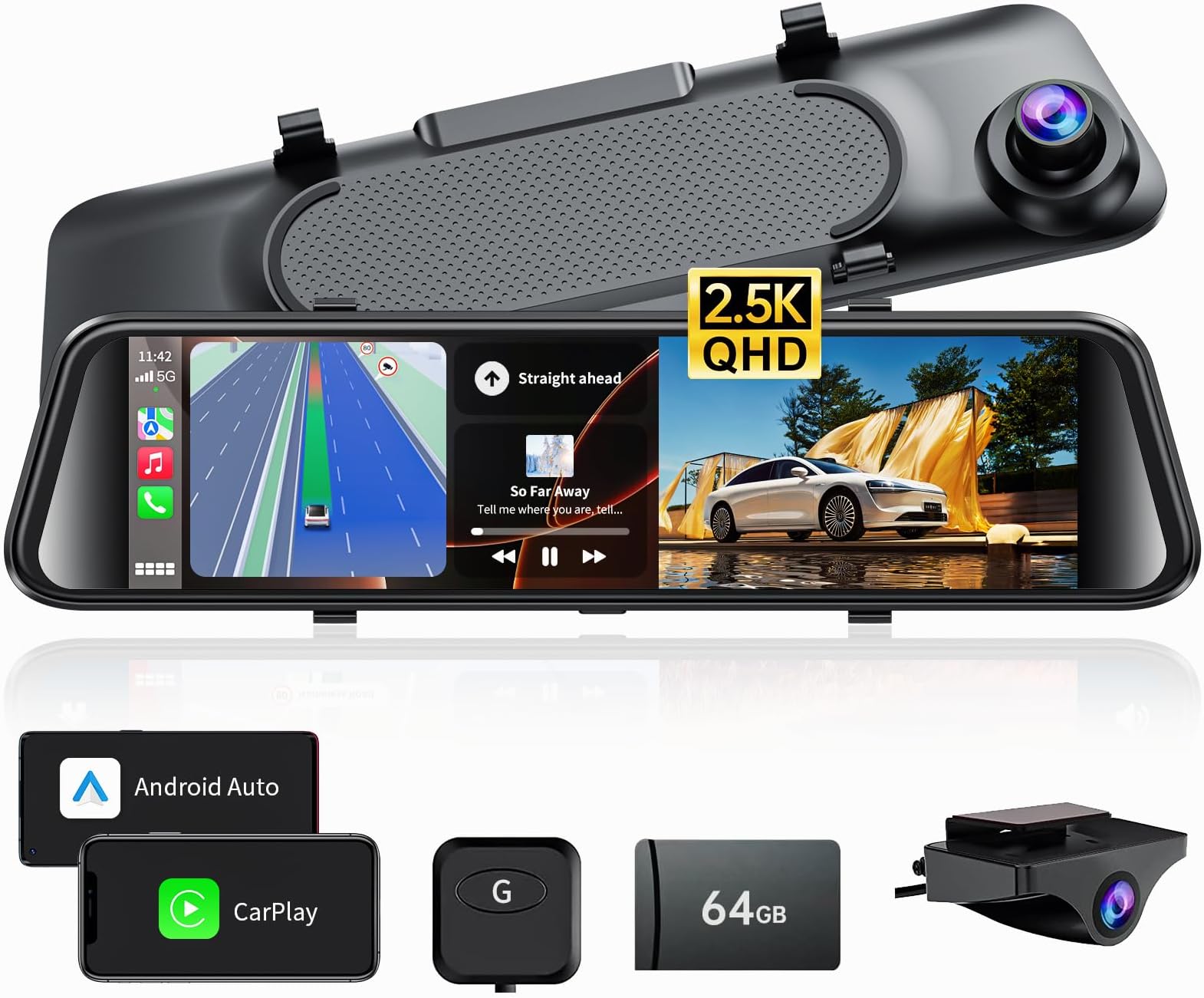 2.5K Mirror Dash Cam with Carplay Mirror & Android Auto, Dash Cam Front and Rear with Zoom Function,12 inches Rear View Mirror Camera with Voice Control/BT Call/64GB Card Included-JOMISE K17 Pro