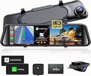 2.5K Mirror Dash Cam Carplay Mirror & Android Auto, 12" Rear View Mirror Backup Camera with Voice Control/BT Call/64GB Card Included-JOMISE K17 Pro